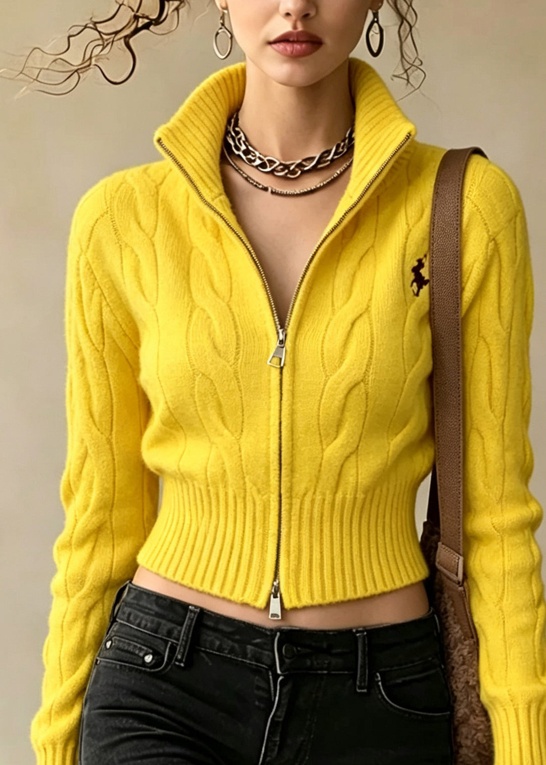 French Yellow Stand Collar Zip Up Embroidered Knit Sweaters Coat Fall