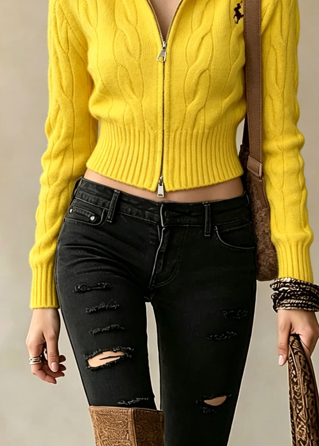 French Yellow Stand Collar Zip Up Embroidered Knit Sweaters Coat Fall