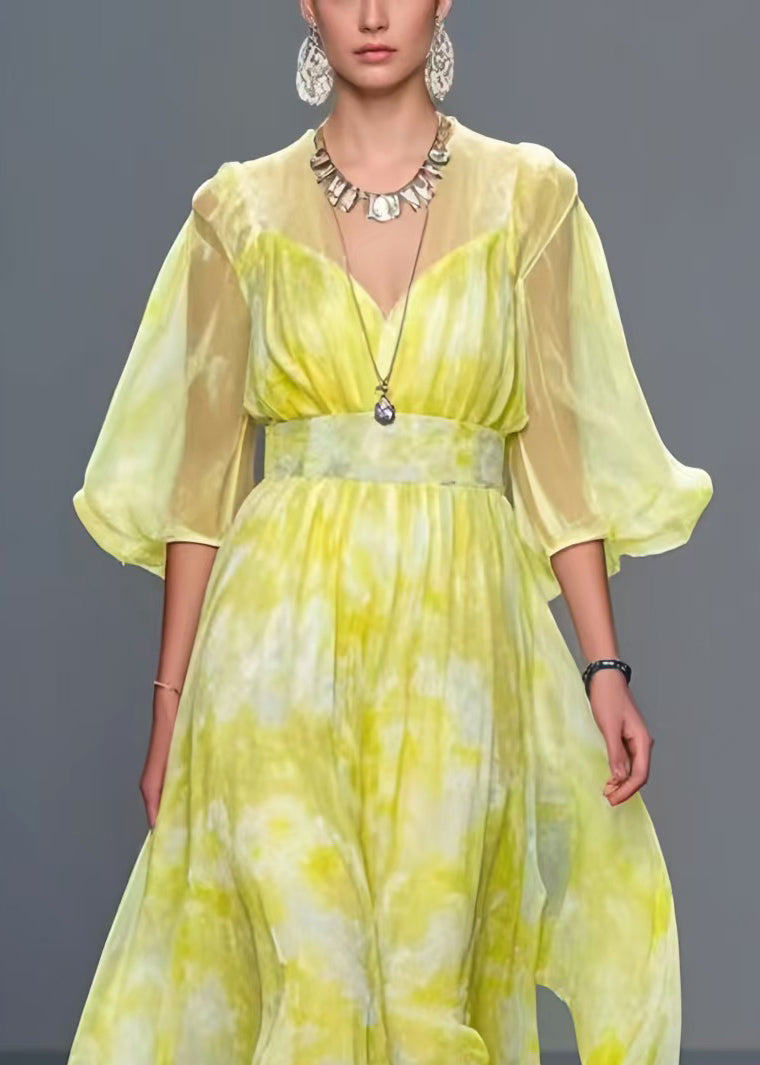 French Yellow Tie Dye Chiffon Vacation Dresses Summer