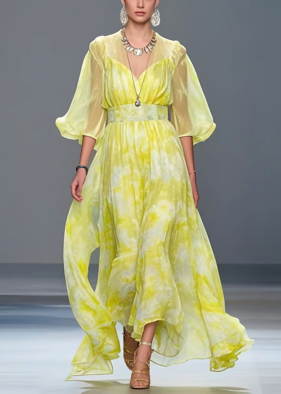 French Yellow Tie Dye Chiffon Vacation Dresses Summer