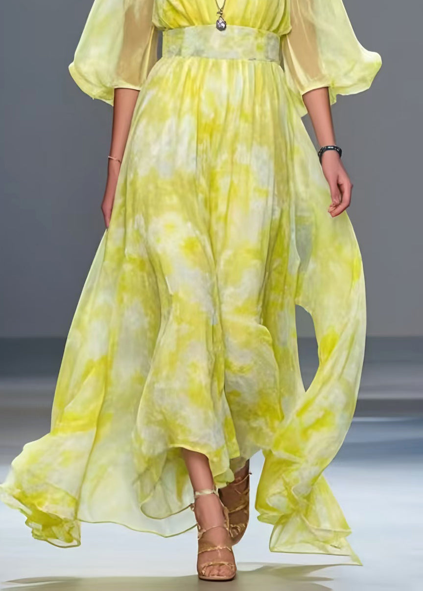 French Yellow Tie Dye Chiffon Vacation Dresses Summer
