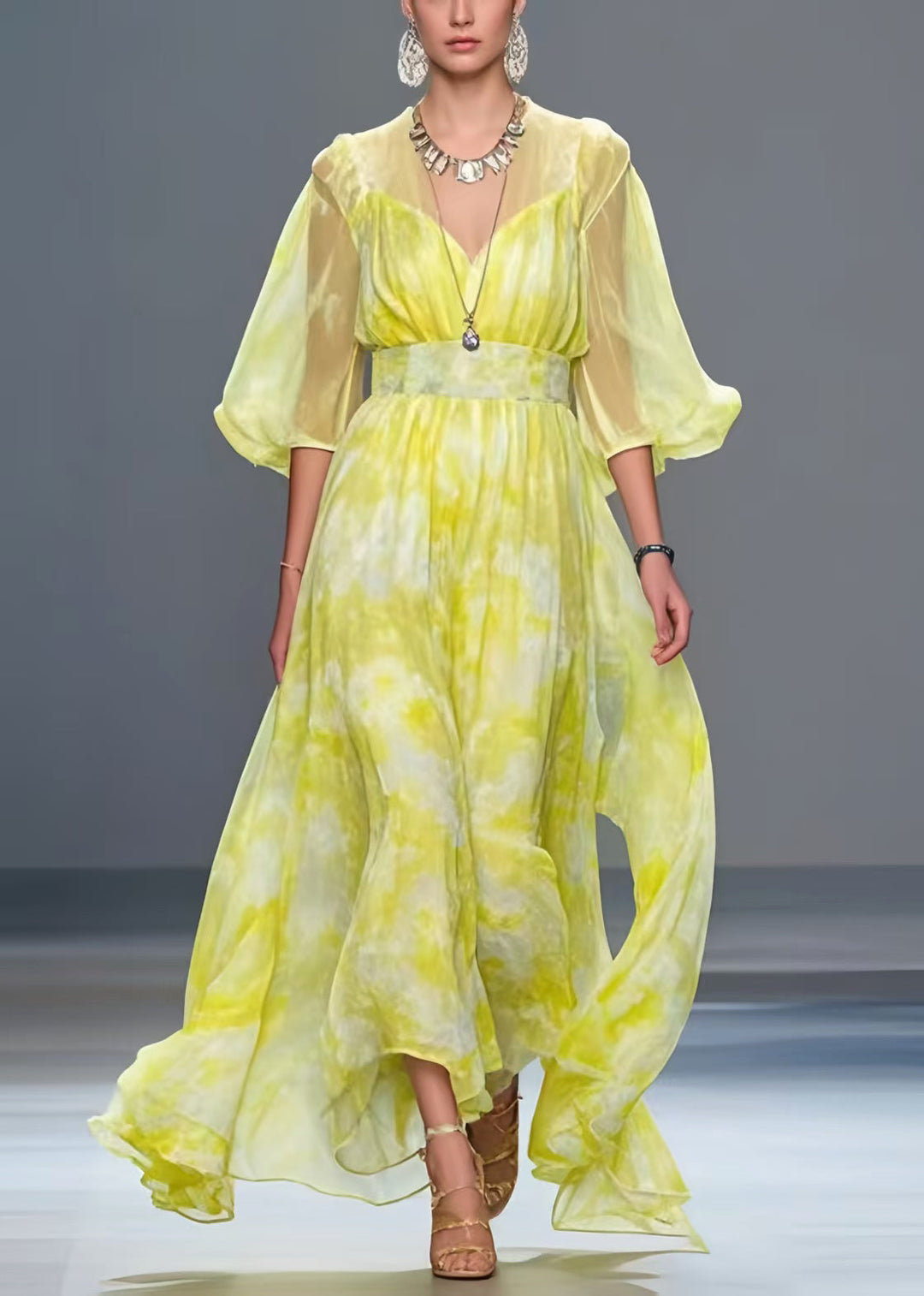French Yellow Tie Dye Chiffon Vacation Dresses Summer