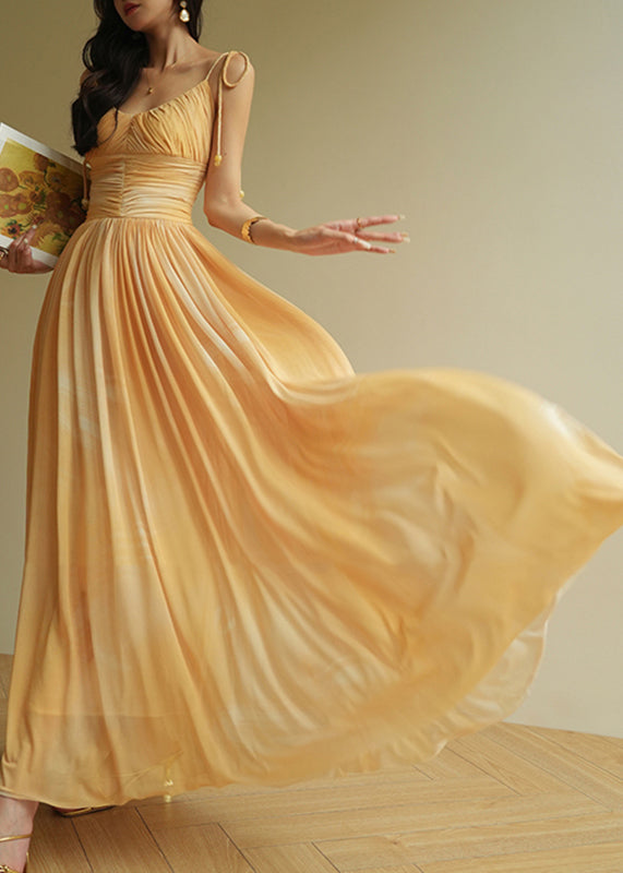 French Yellow Tie Dye Tunic Maxi Spaghetti Strap Dress Summer