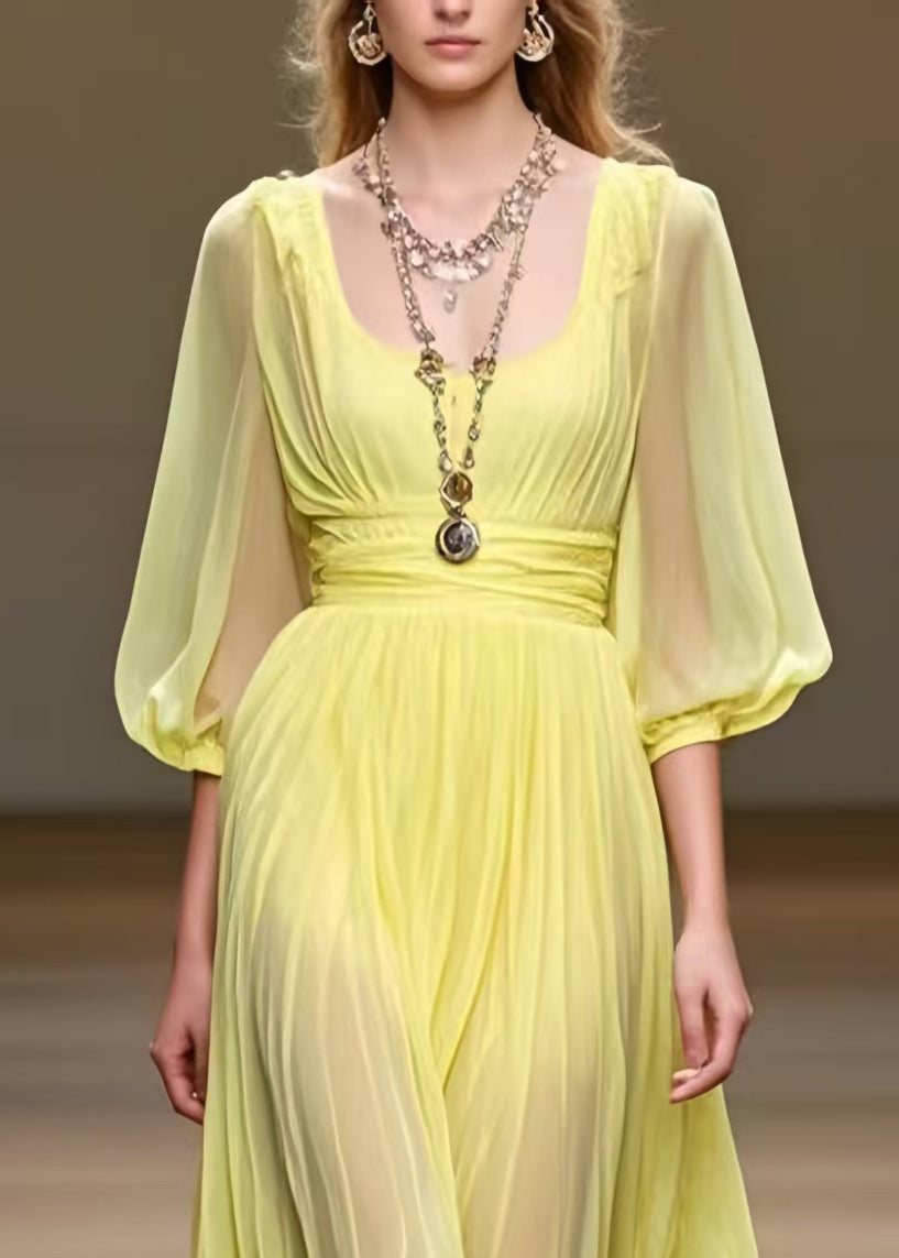 French Yellow U Neck Chiffon Pleated Dress Bracelet Sleeve