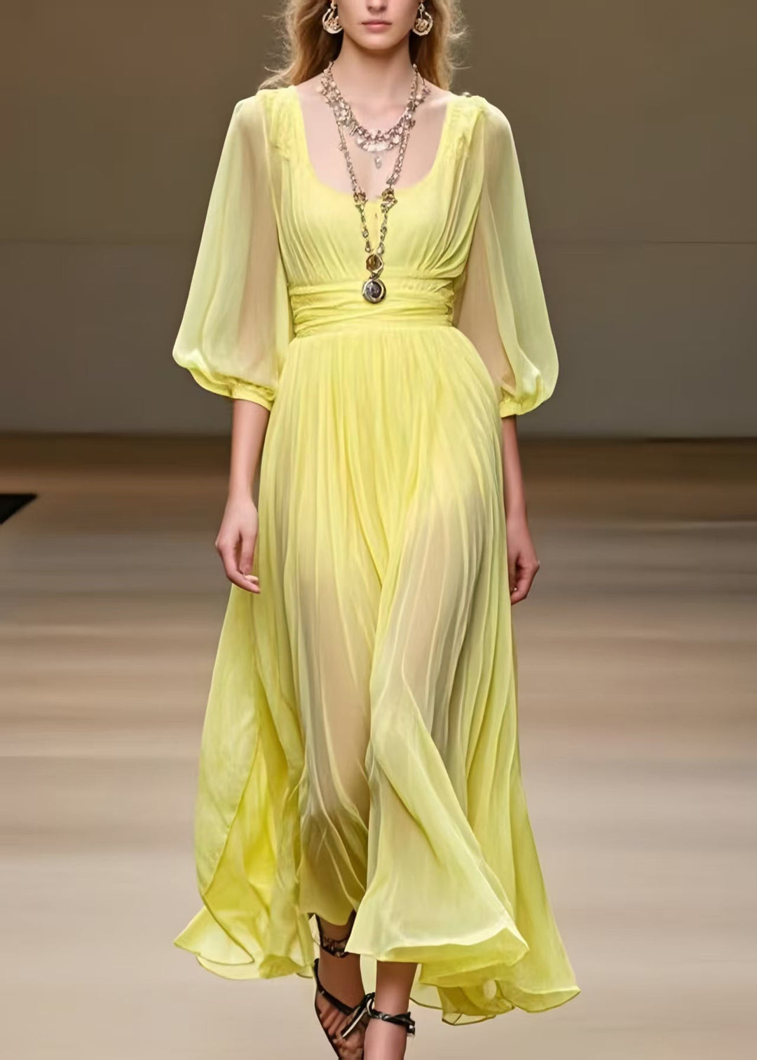 French Yellow U Neck Chiffon Pleated Dress Bracelet Sleeve