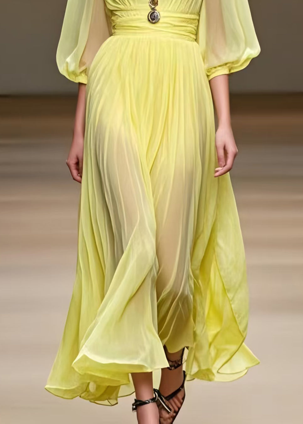 French Yellow U Neck Chiffon Pleated Dress Bracelet Sleeve