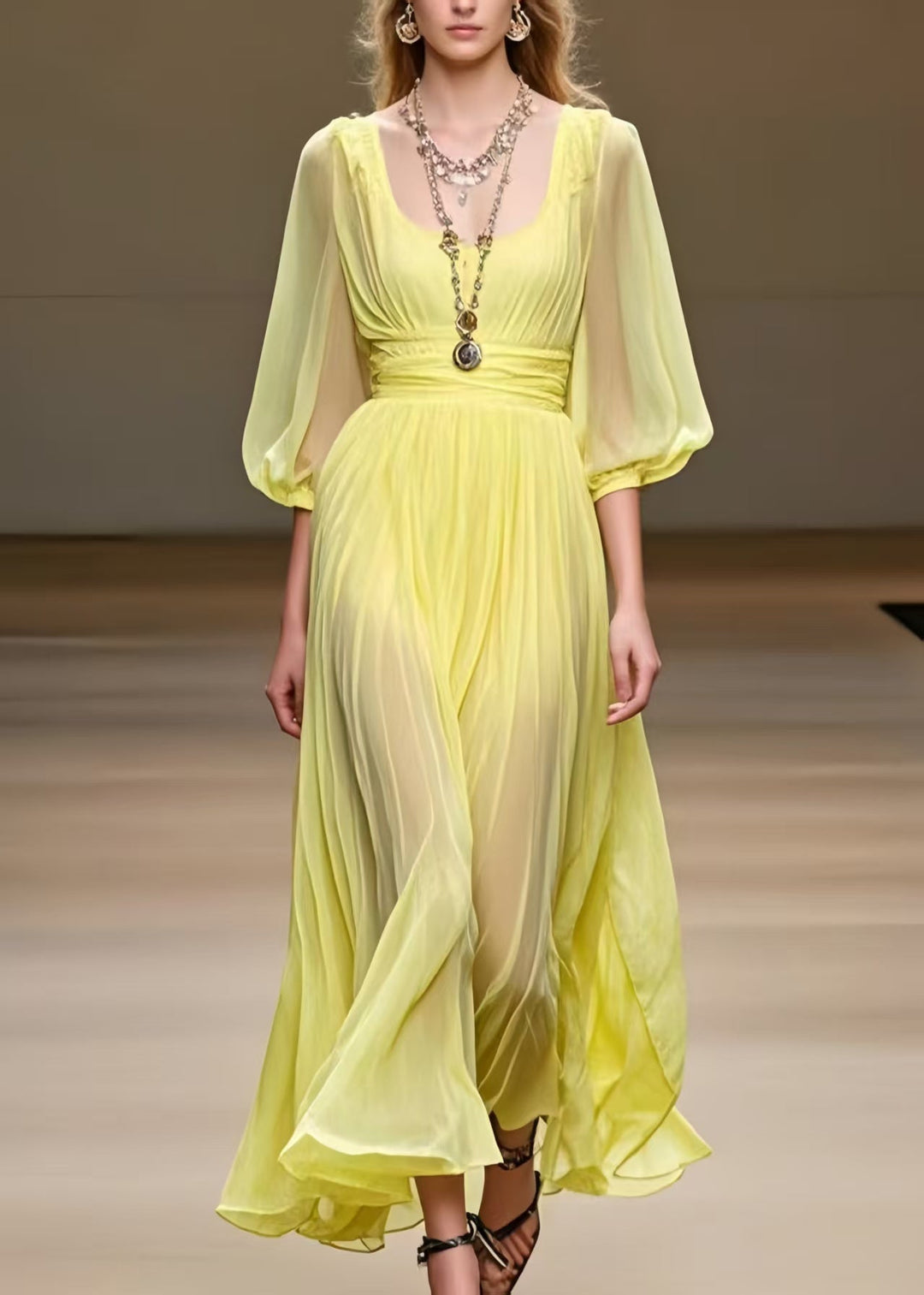 French Yellow U Neck Chiffon Pleated Dress Bracelet Sleeve