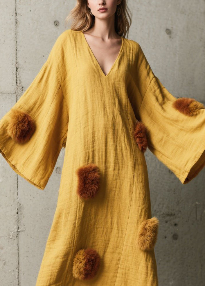 French Yellow V Neck Fuzzy Fur Patchwork Cotton Dress Fall