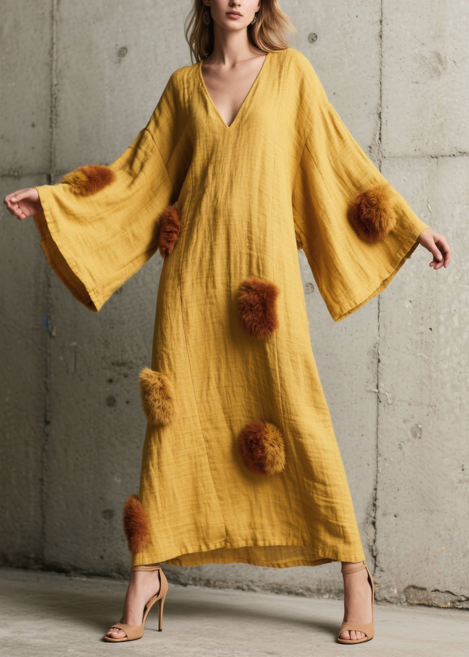 French Yellow V Neck Fuzzy Fur Patchwork Cotton Dress Fall