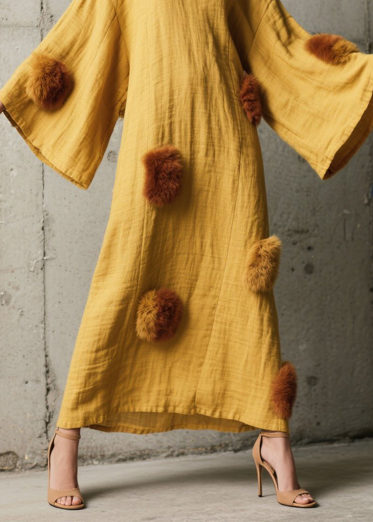 French Yellow V Neck Fuzzy Fur Patchwork Cotton Dress Fall