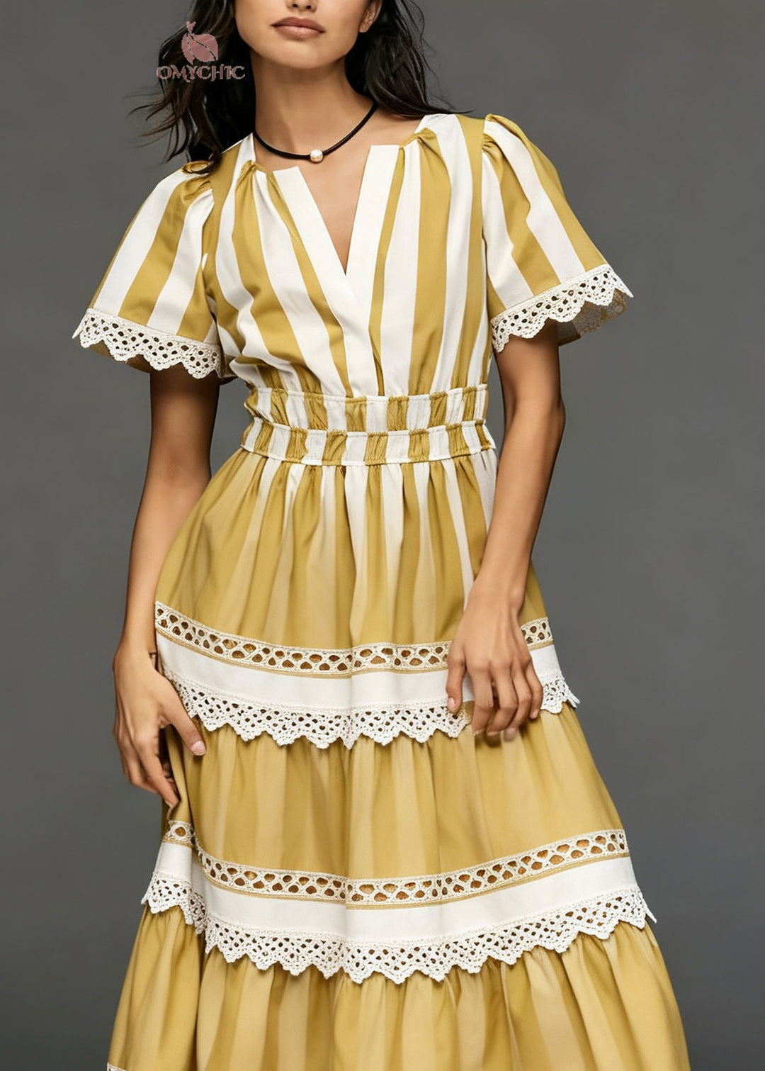 French Yellow V Neck Hollow Out Lace Patchwork Cotton Dress Summer