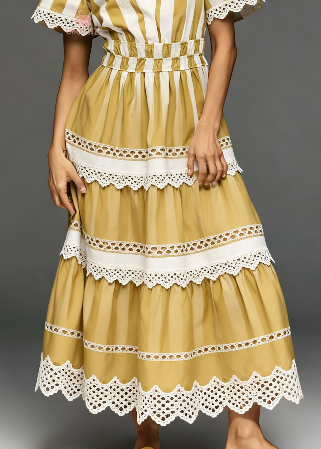 French Yellow V Neck Hollow Out Lace Patchwork Cotton Dress Summer