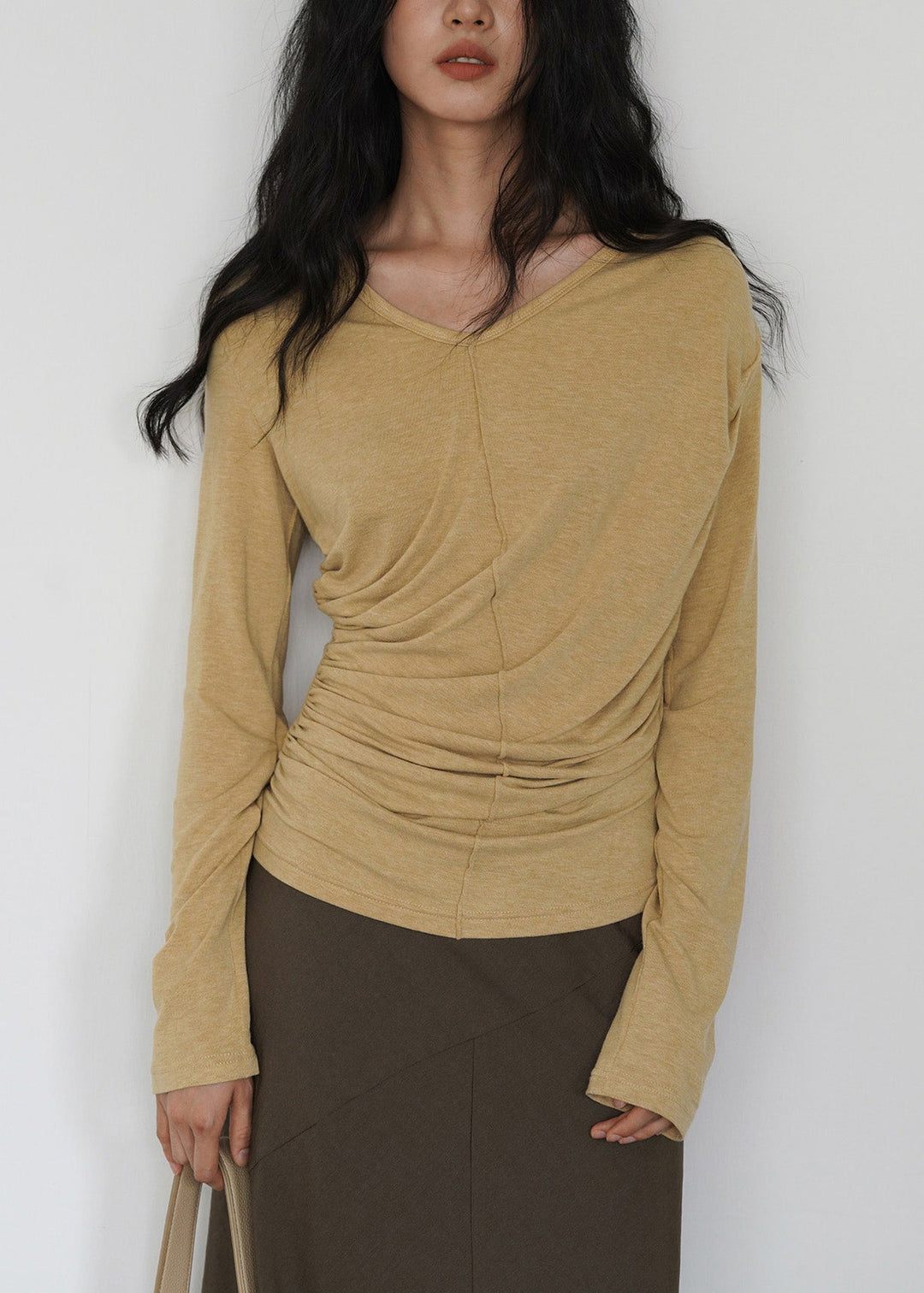 French Yellow V Neck Wrinkled Cotton Tops Spring