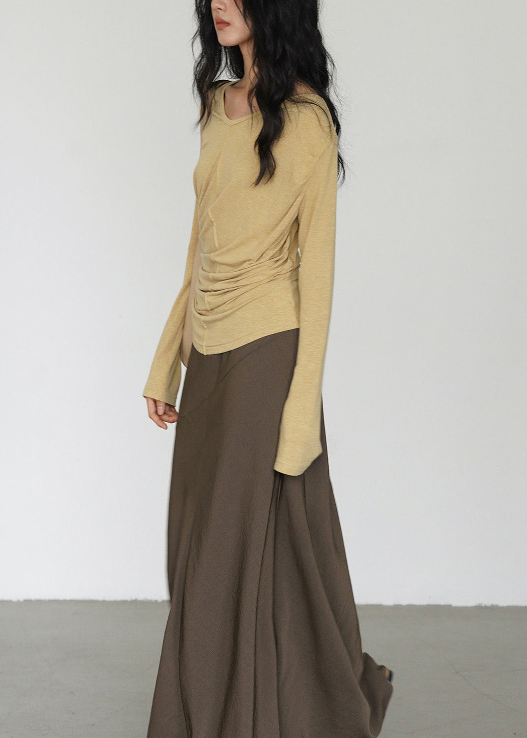 French Yellow V Neck Wrinkled Cotton Tops Spring