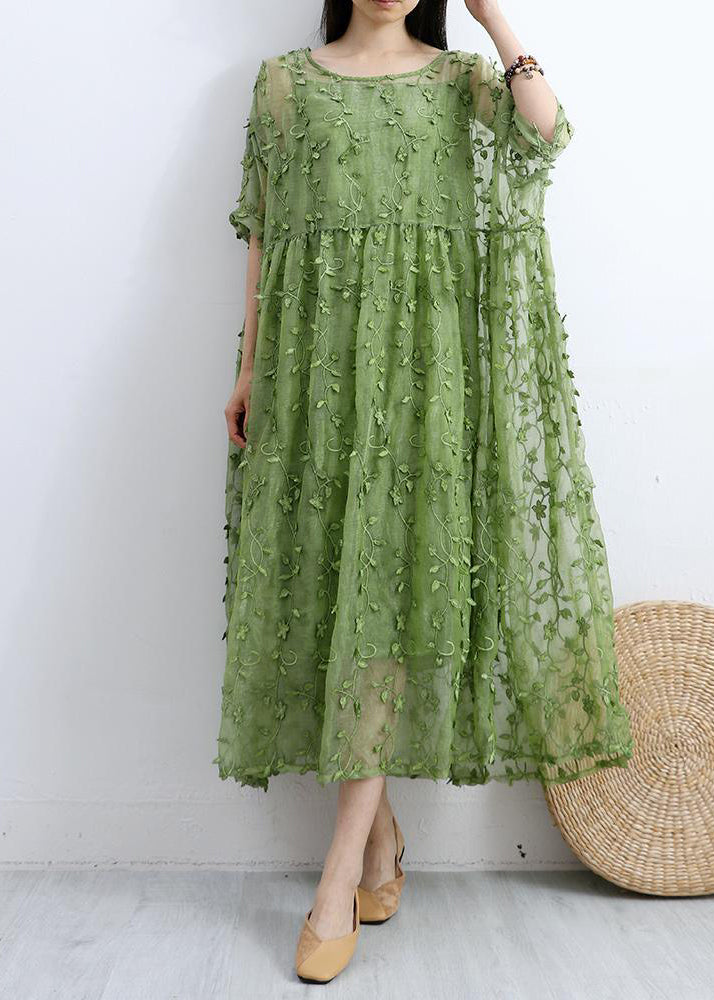 French Floral Lace Cotton Tunics For Women Runway Green Cotton Dresses Summer