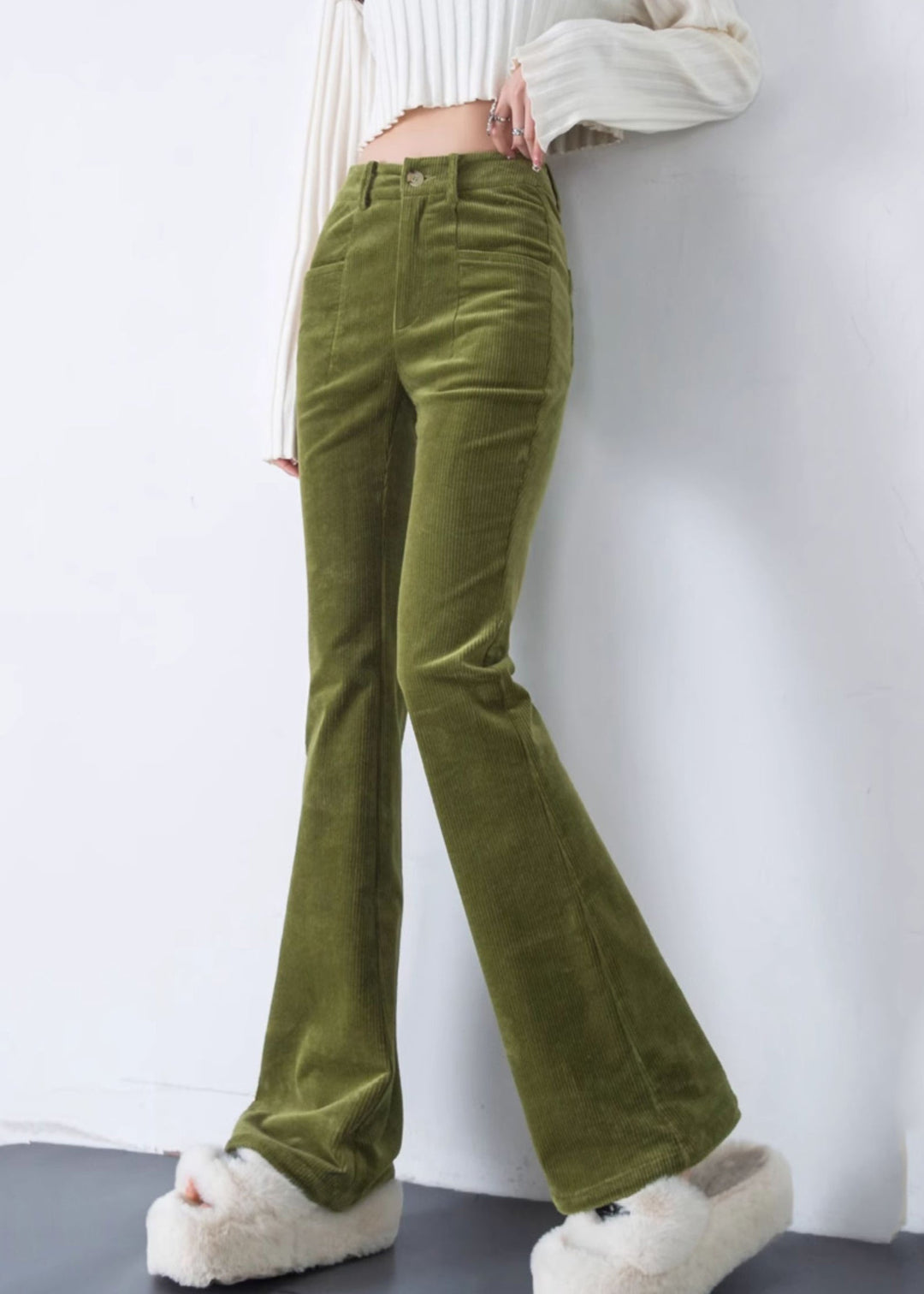 Fruit Green Silm Fit Corduroy Bell-bottom Trousers Spring