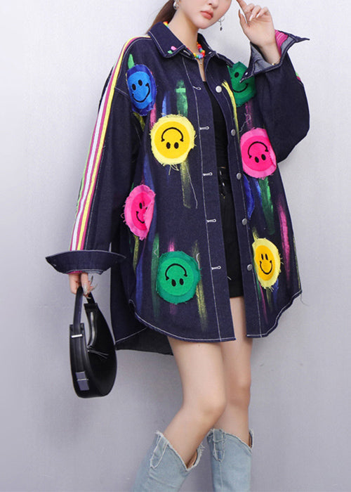Fun Filled Blue Smiley Striped Denim Coats Fall