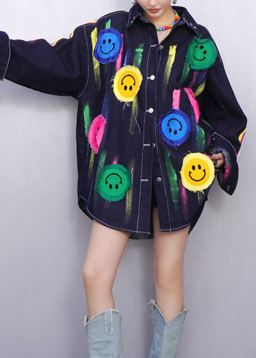 Fun Filled Blue Smiley Striped Denim Coats Fall