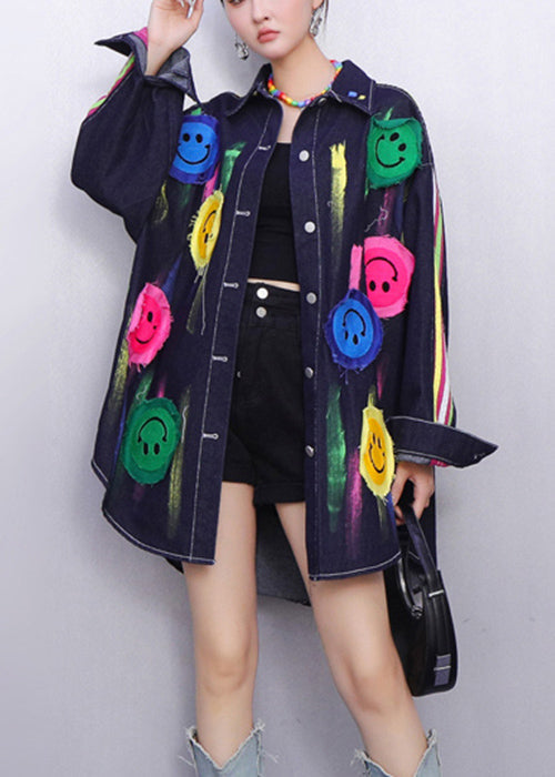 Fun Filled Blue Smiley Striped Denim Coats Fall