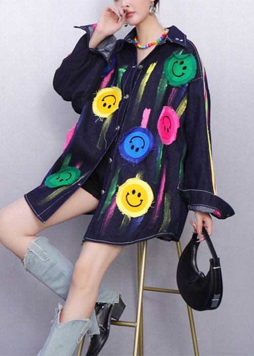 Fun Filled Blue Smiley Striped Denim Coats Fall