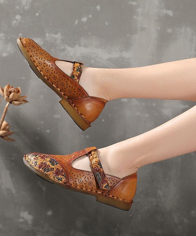 Genuine Leather Brown Flat Shoes Embossed Flats