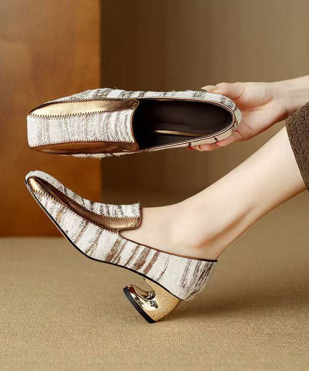 Gold Chunky Shoes Cowhide Leather Art Splicing Horsehair