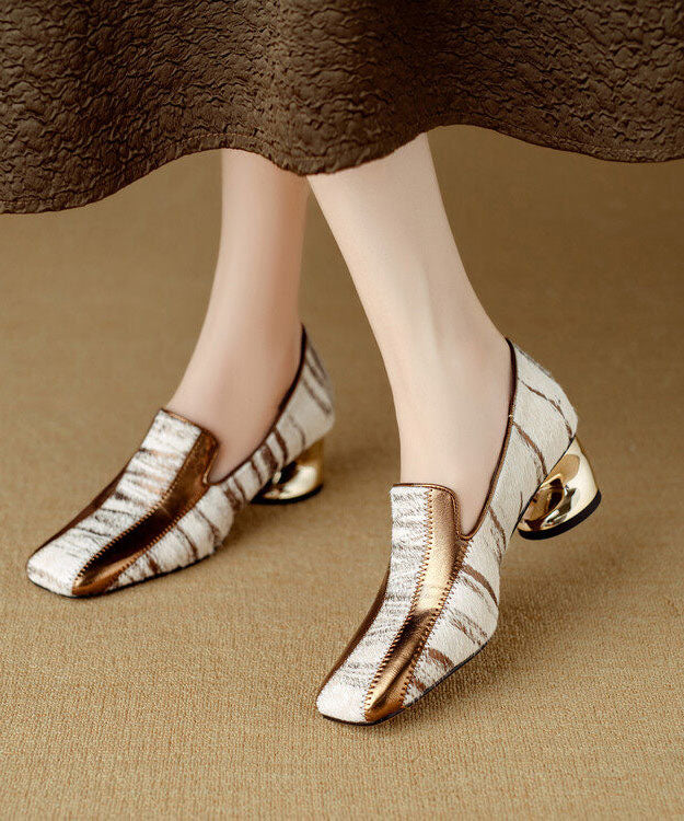 Gold Chunky Shoes Cowhide Leather Art Splicing Horsehair