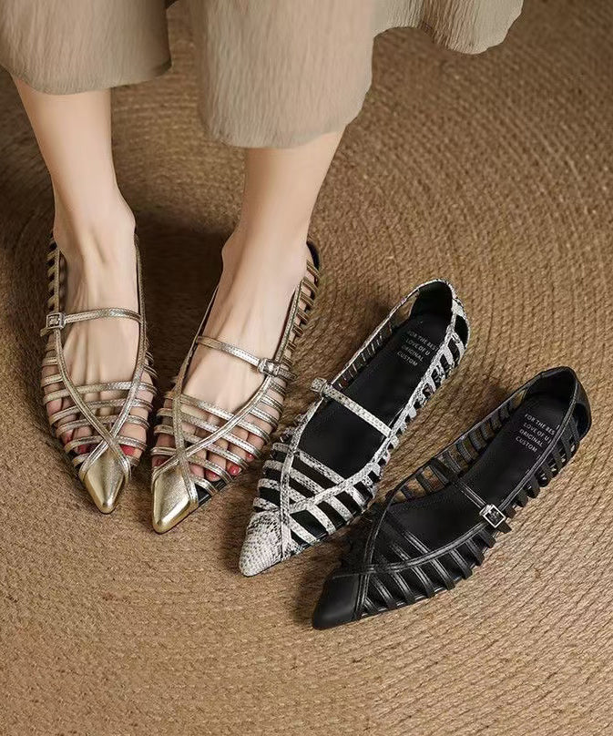 Gold Cowhide Leather Splicing Hollow Out Sandals Pointed Toe