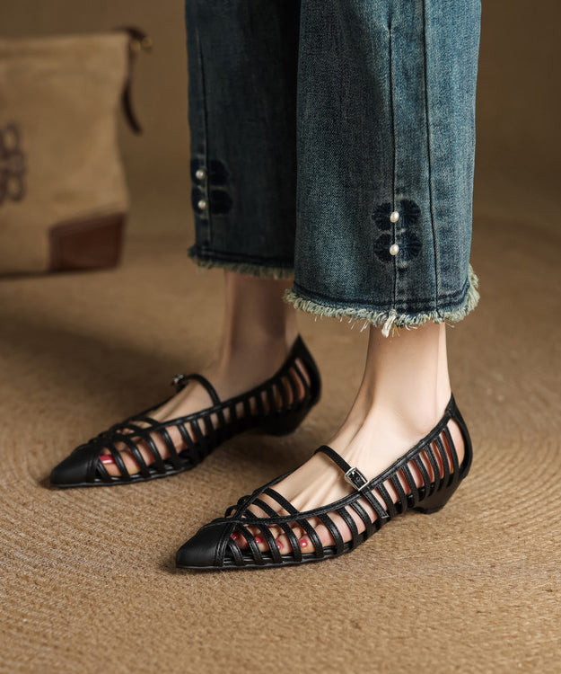 Gold Cowhide Leather Splicing Hollow Out Sandals Pointed Toe