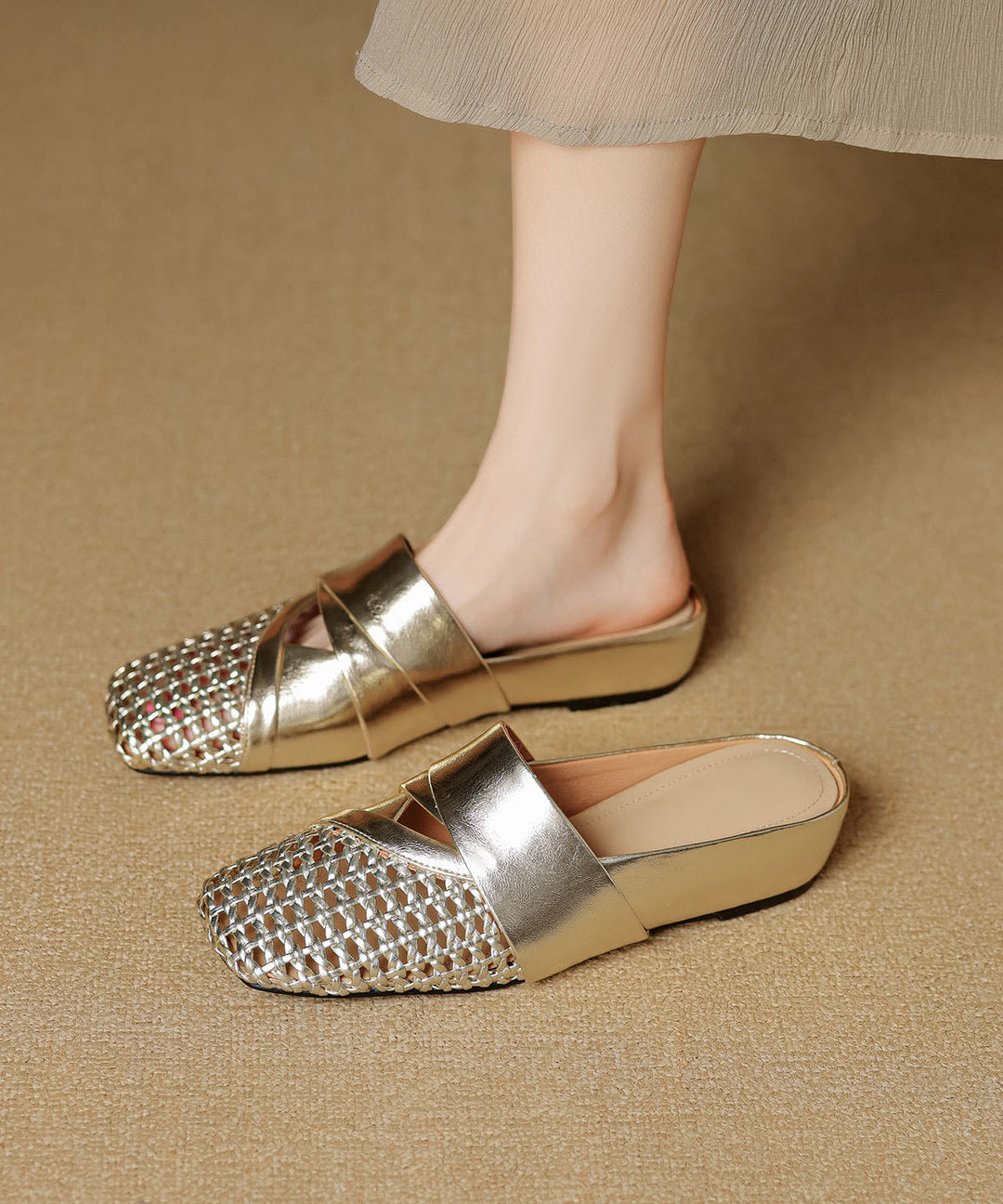 Gold Cowhide Leather Splicing Hollow Out Wedge Slide Sandals