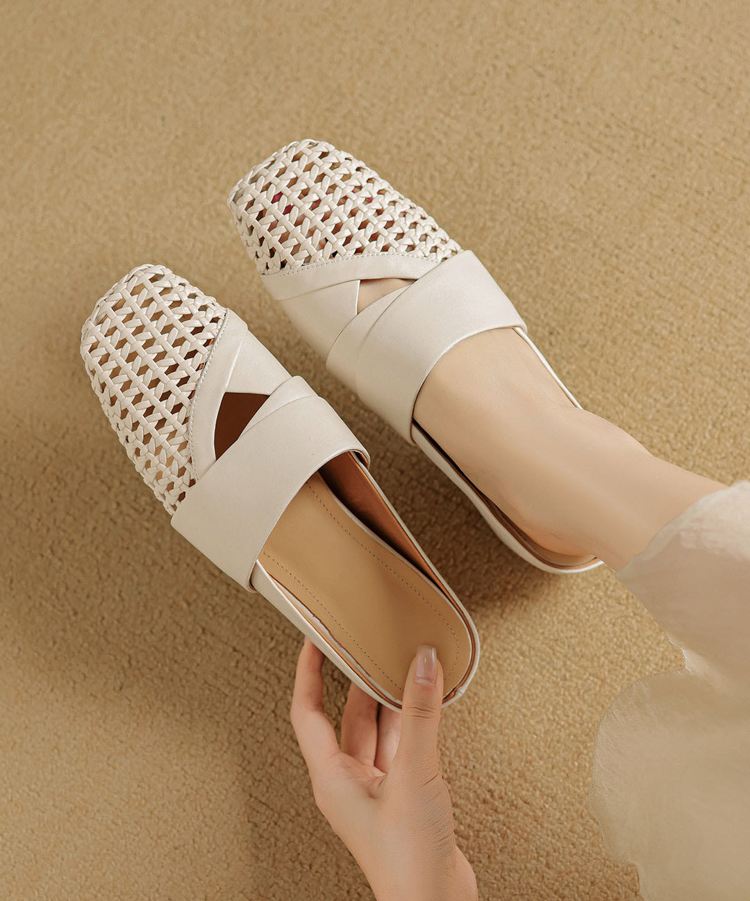 Gold Cowhide Leather Splicing Hollow Out Wedge Slide Sandals