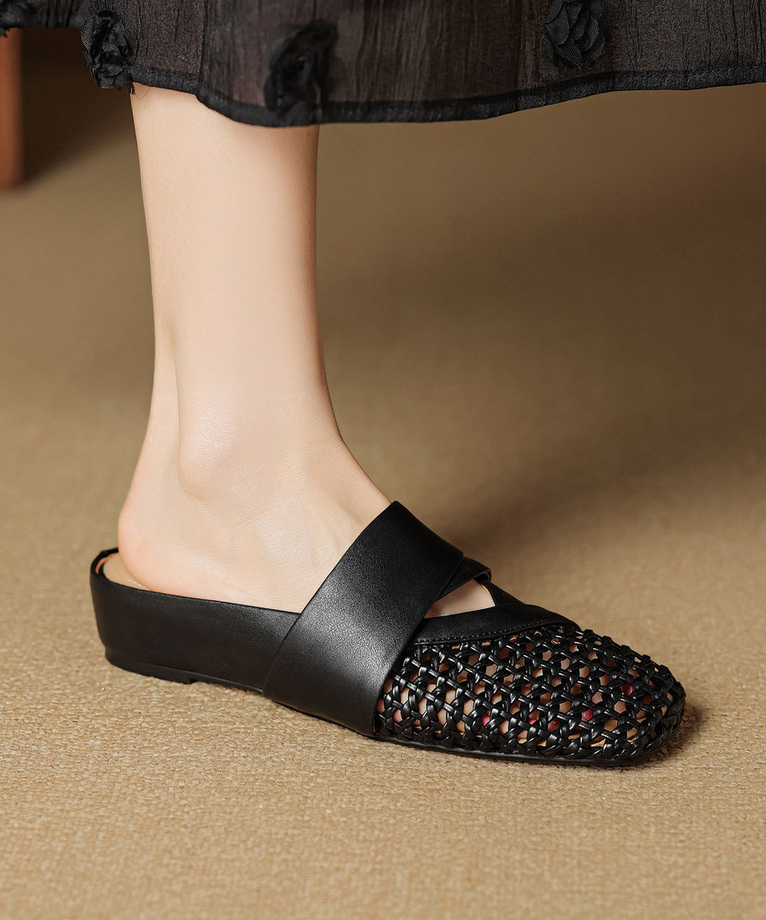 Gold Cowhide Leather Splicing Hollow Out Wedge Slide Sandals