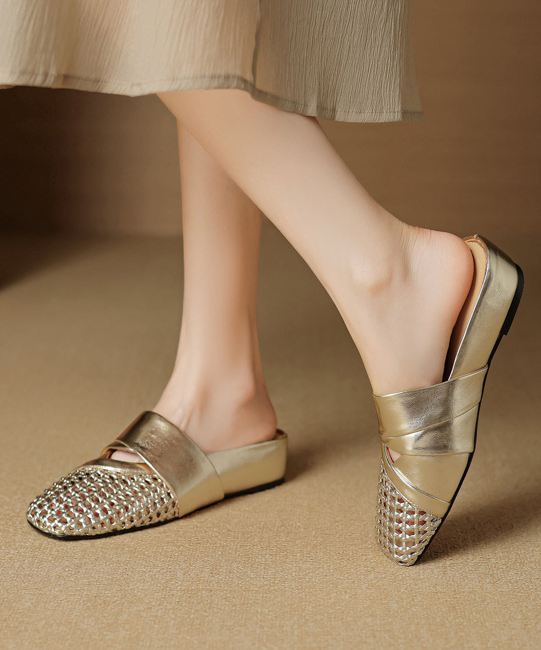 Gold Cowhide Leather Splicing Hollow Out Wedge Slide Sandals