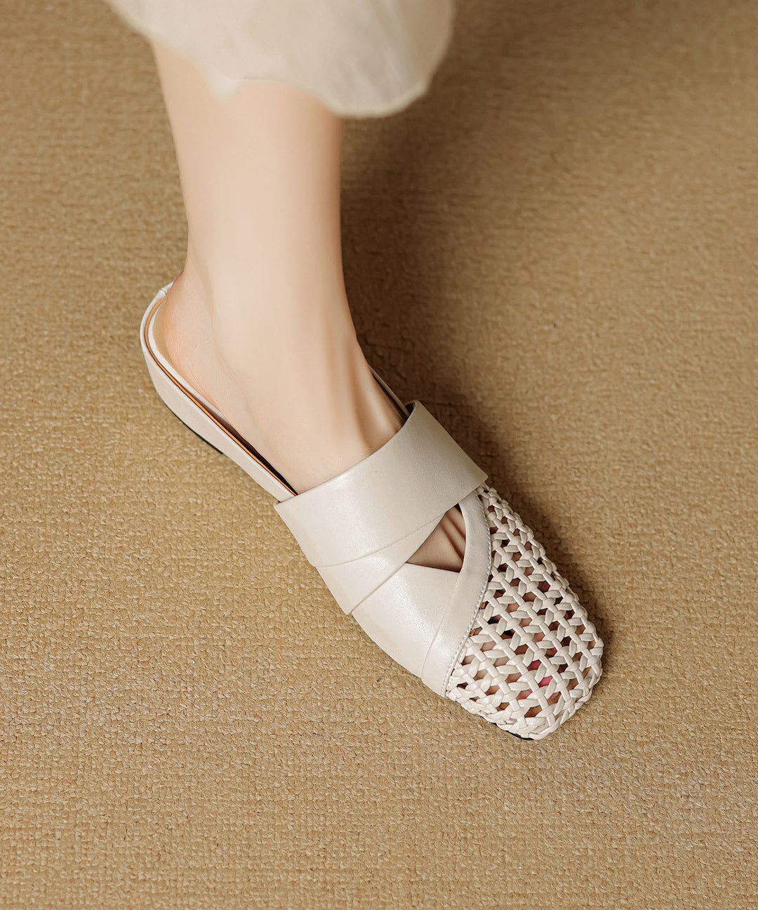 Gold Cowhide Leather Splicing Hollow Out Wedge Slide Sandals
