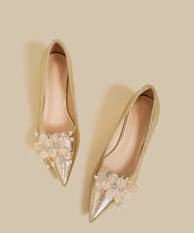 Gold Faux Leather Floral Splicing Wedge Shoes Pointed Toe