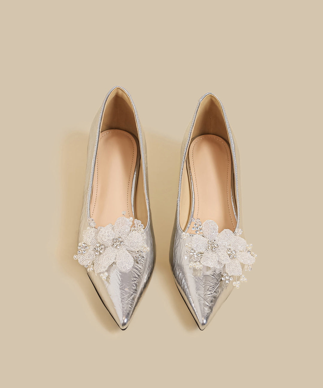 Gold Faux Leather Floral Splicing Wedge Shoes Pointed Toe