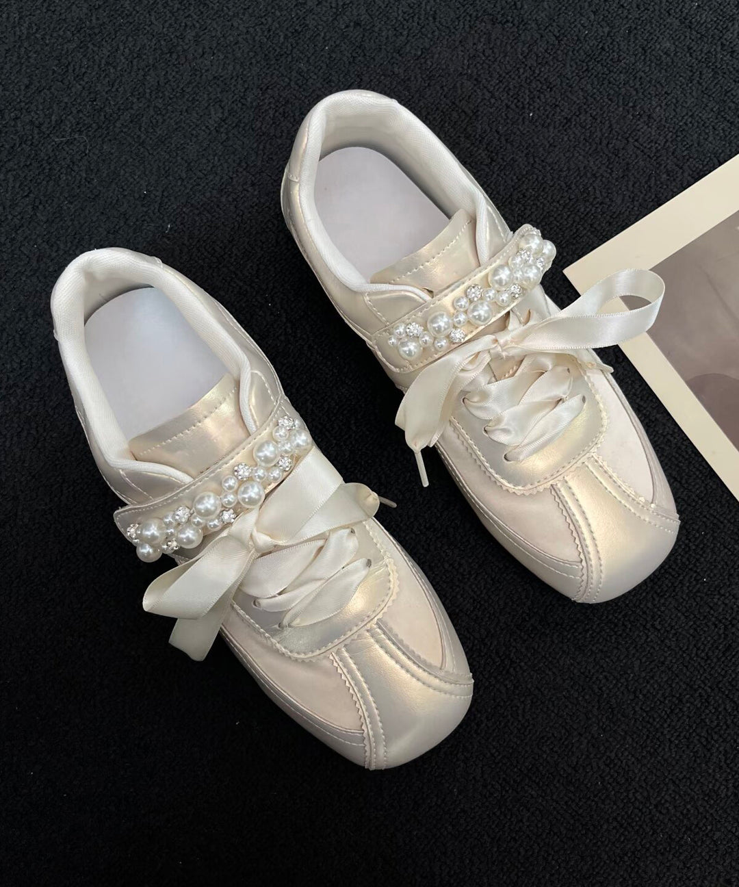 Gold Nail Bead Bow Lace Up Women Splicing Flat Shoes