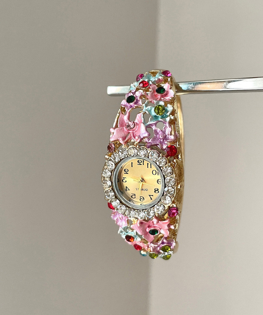 Gold Pink Alloy Zircon Floral Cloisonne Watches