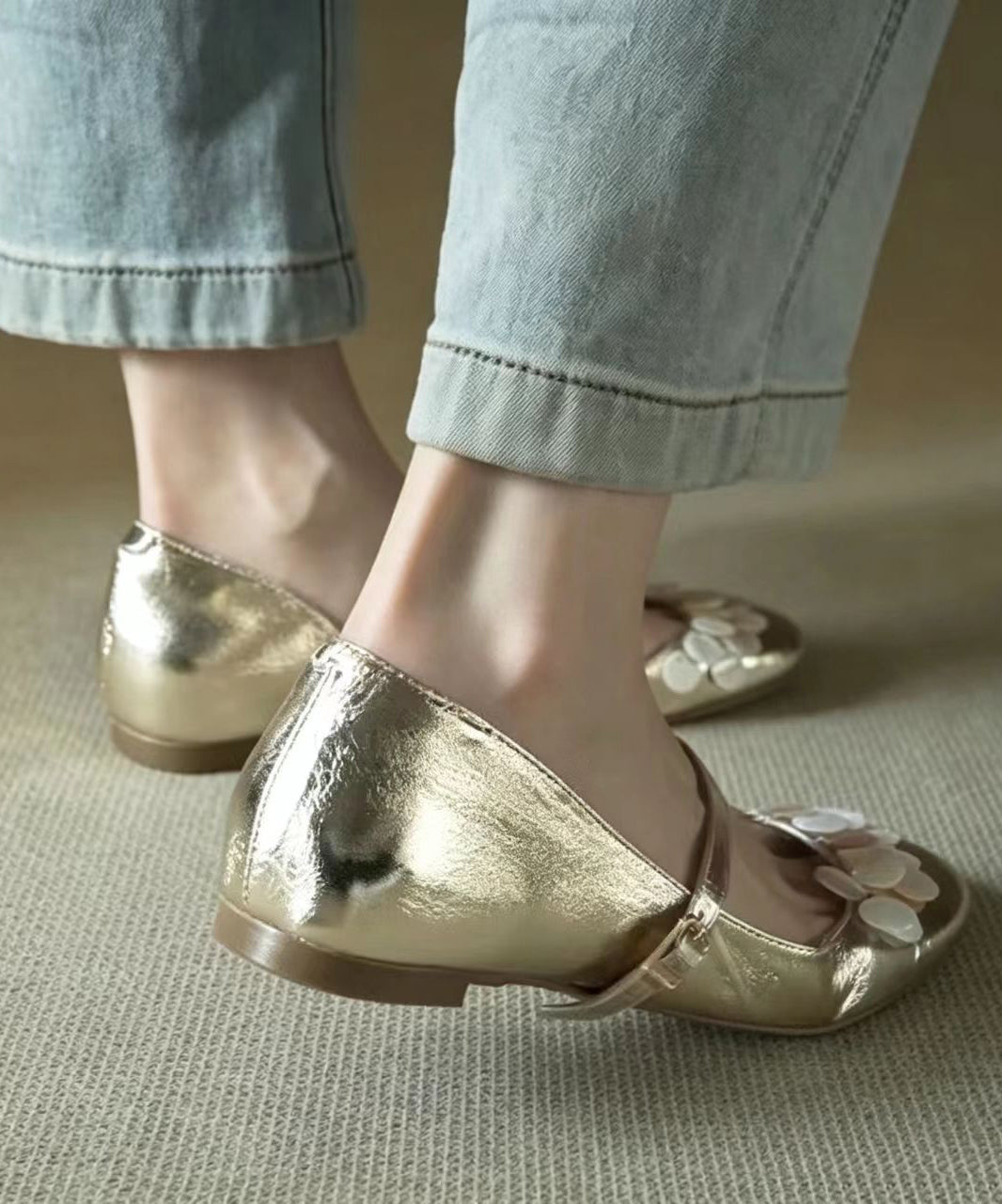 Gold Round Toe Shell Decor Buckle Strap Faux Leather Wedge Shoes