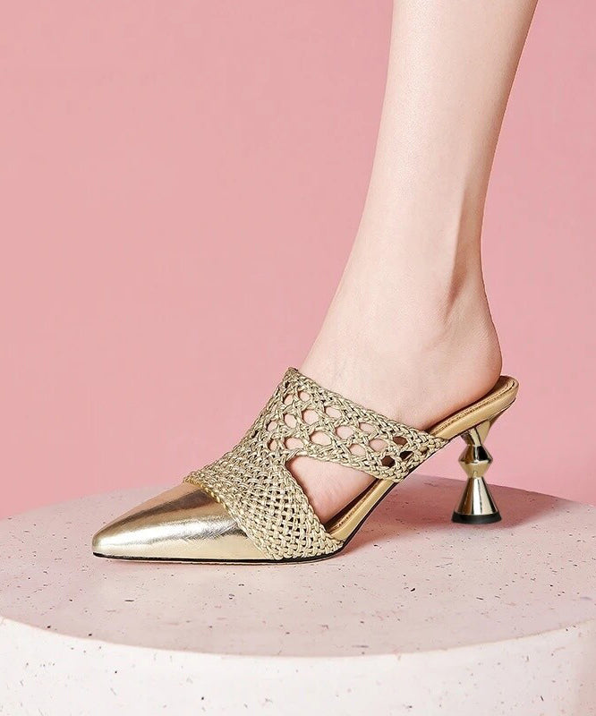 Gold Splicing High Heel Cowhide Leather Slide Sandals Hollow Out