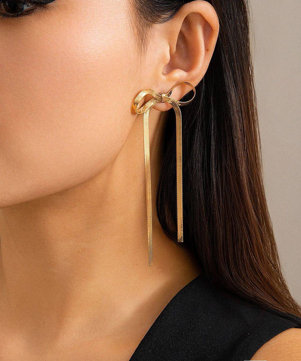 Gold Weave Bow Tassel Long Drop Earrings for Women