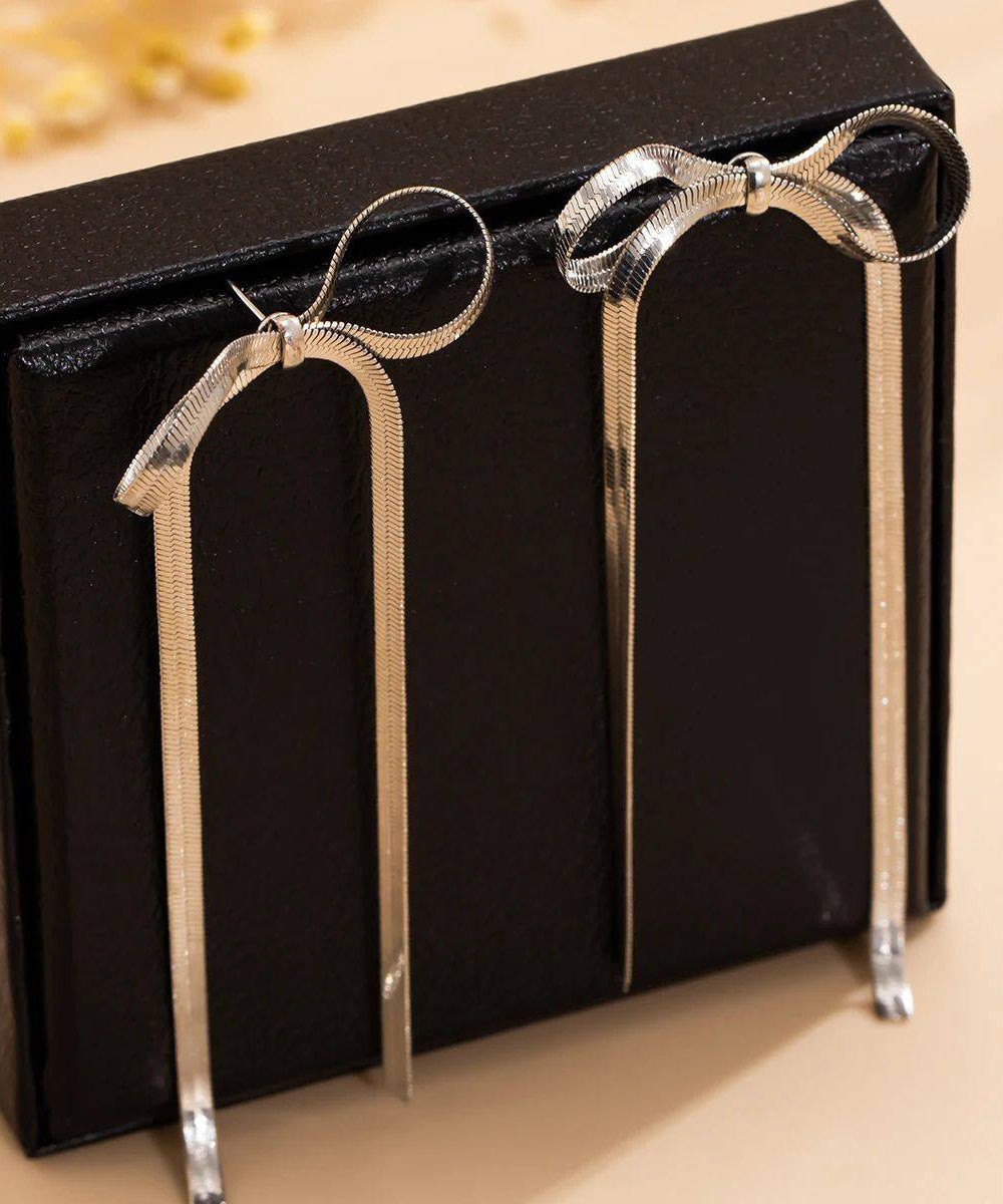 Gold Weave Bow Tassel Long Drop Earrings for Women