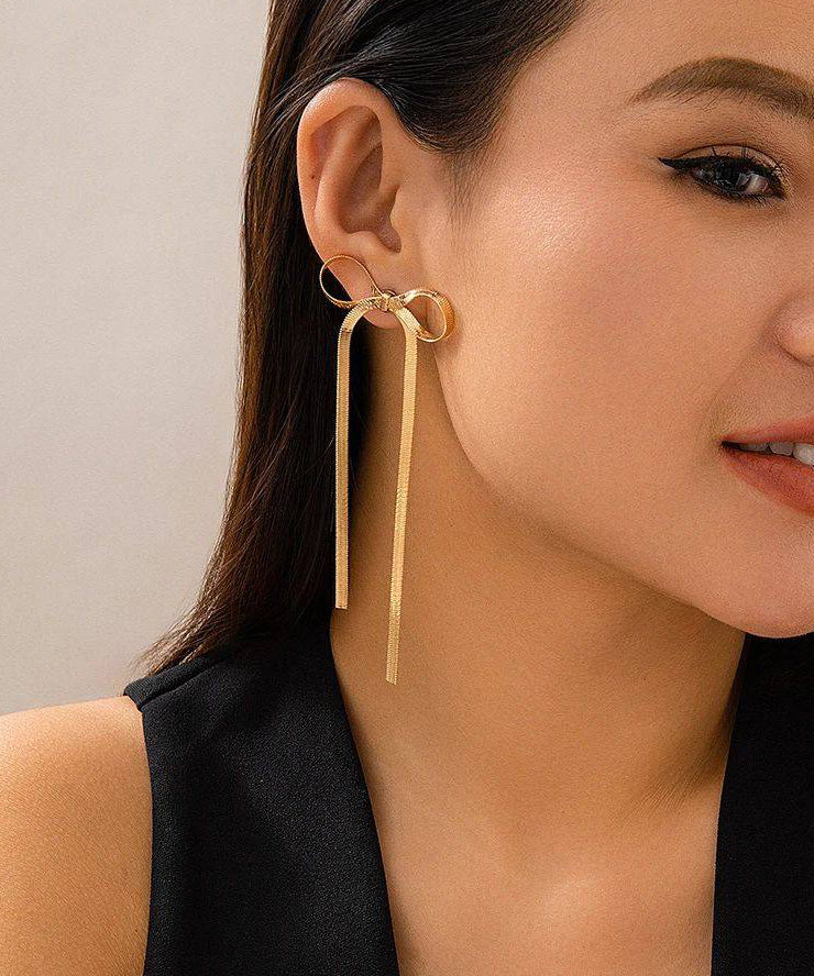 Gold Weave Bow Tassel Long Drop Earrings for Women