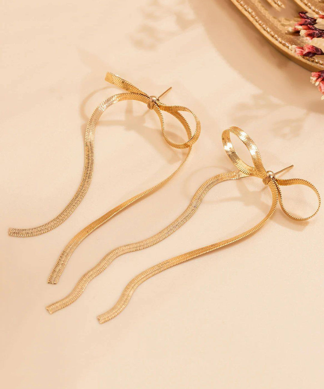 Gold Weave Bow Tassel Long Drop Earrings for Women