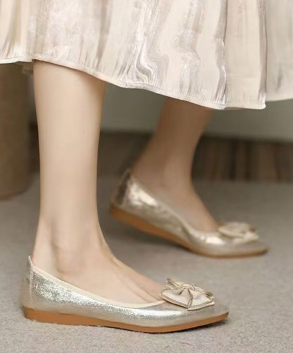 Golden Bow Flat Shoes For Women Pointed Toe Flats