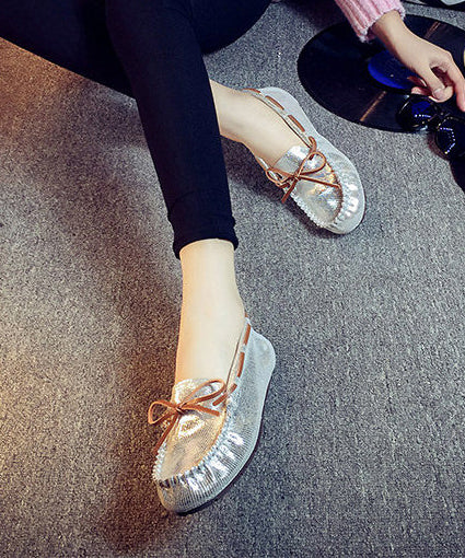 Golden Flat Shoes For Women Faux Leather Simple Flats
