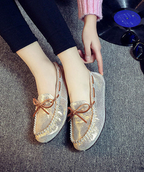 Golden Flat Shoes For Women Faux Leather Simple Flats