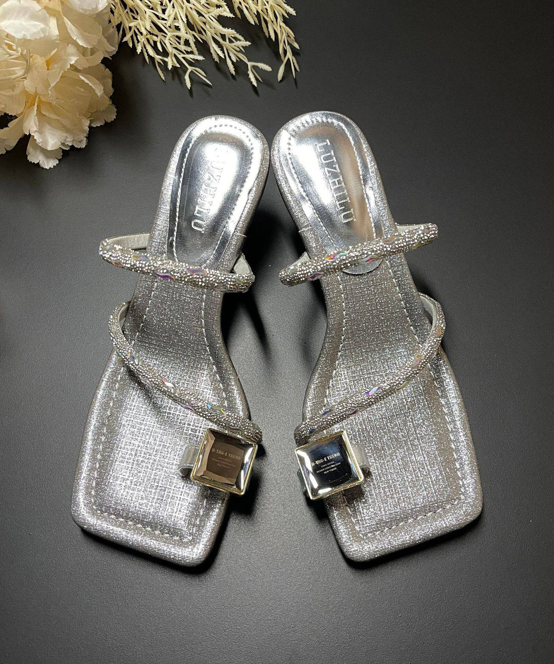 Golden High Heel Faux Leather Boutique Rhinestone Thong Sandals