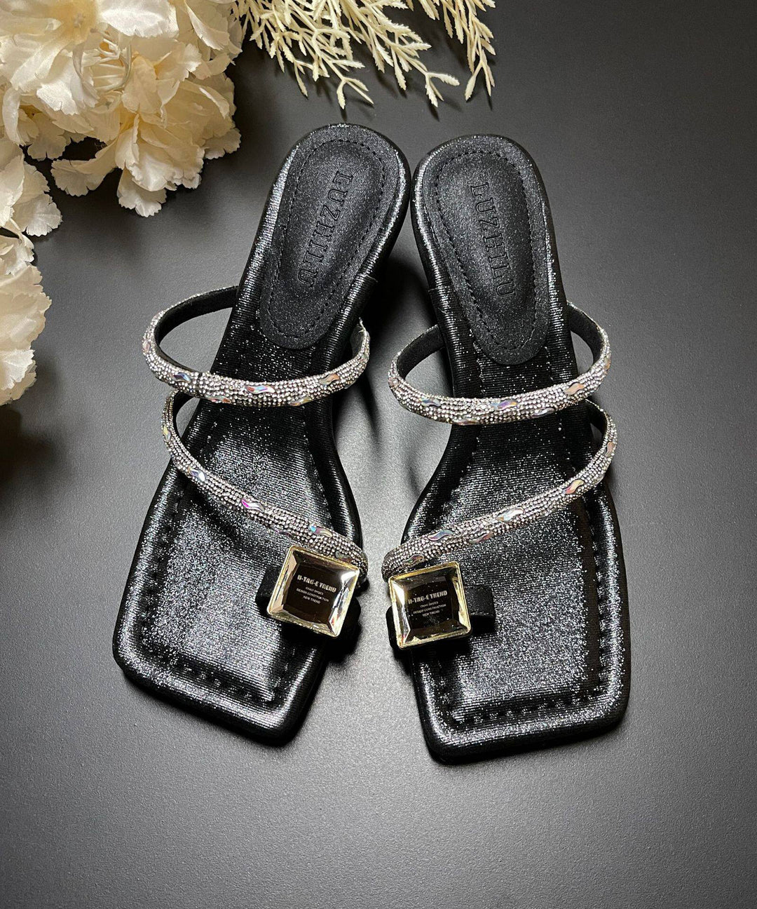 Golden High Heel Faux Leather Boutique Rhinestone Thong Sandals