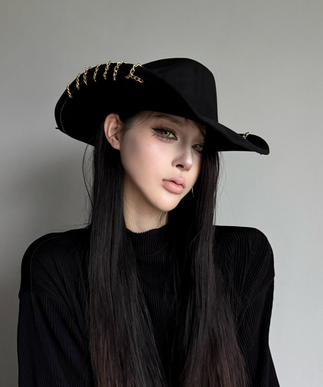 Gothic Style Black Chain Edge Suede Cowboy Hat
